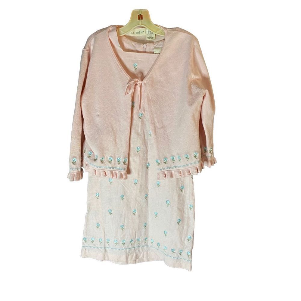 KC Parker girls linen blend pink floral embroidered dress and cardigan size 10